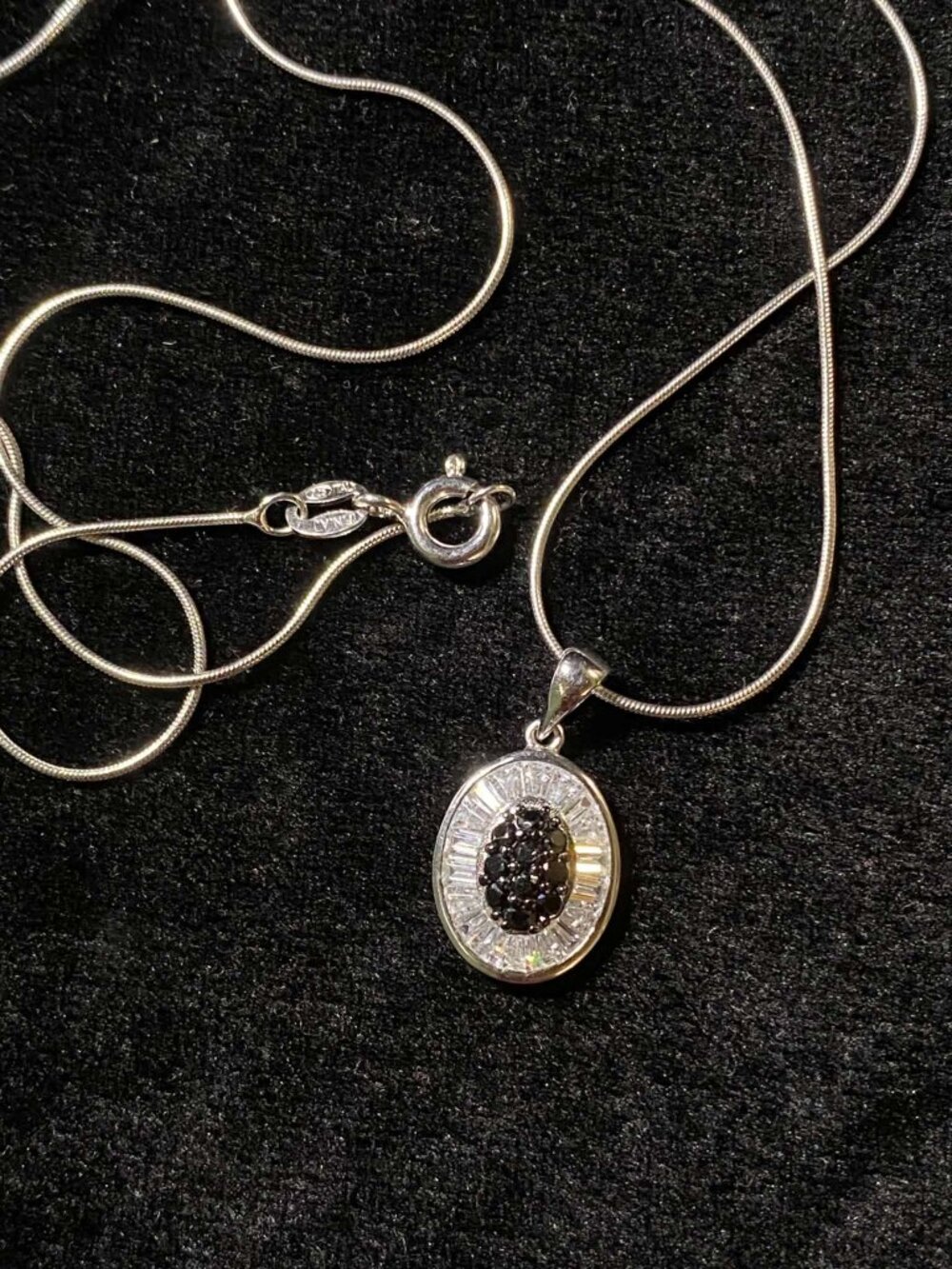 .925 Sterling Silver Black Clear Cubic Zirconia Pendant and Chain